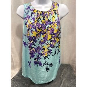 Talbots Petites Floral Sleeveless Blouse Mint Purple Yellow Pleated Neck 8P